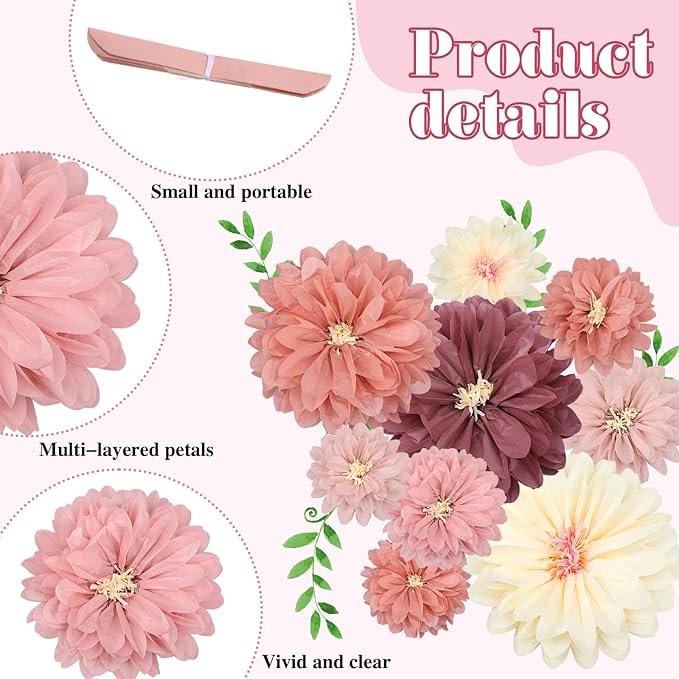 Geyee 18 Pcs Mexican Paper Flowers Colorful Fiesta Tissue Paper Flowers Pom Poms Mexican Carnival for Floral Party Backdrop Wedding Birthday Party Craft (Vintage Color,10" 12" 14")