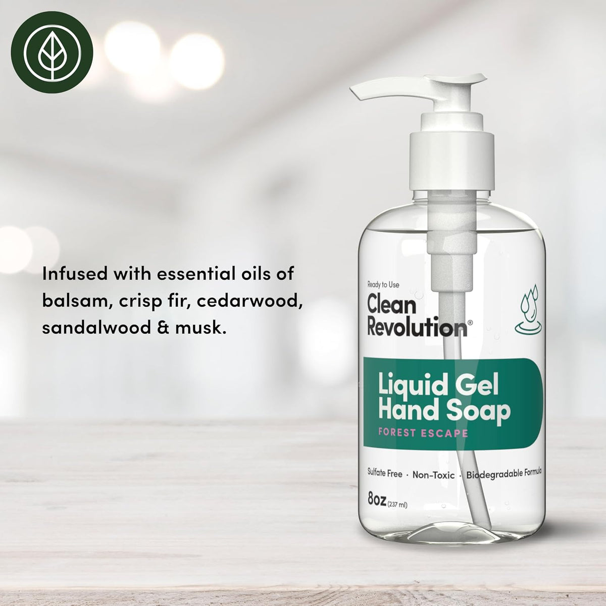 Clean Revolution Liquid Gel Hand Soap, Silky Rich Liquid, Quick Lather, Fast Rinsing, Contains Real Essential Oils (Forest Escape) 8 Fl Oz