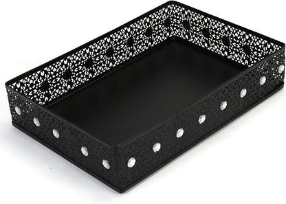 Desk Drawer Organizer, A4 Large Metal Mesh Desk Organizer Tray, Carved Hollow Floral Desk Tray, Versatile Storage Box Set for Office Home Supplies,13x9x3 inches (Rhinestones,1 PC)