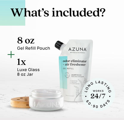 Azuna Air Freshener & Odor Eliminator for Strong Odor | 1 Room Kit Includes (1) Empty Luxe Glass Jar & 8oz Refill with Tea Tree Essential Oil Gel | Amalfi Breeze | Last 60-90 Days
