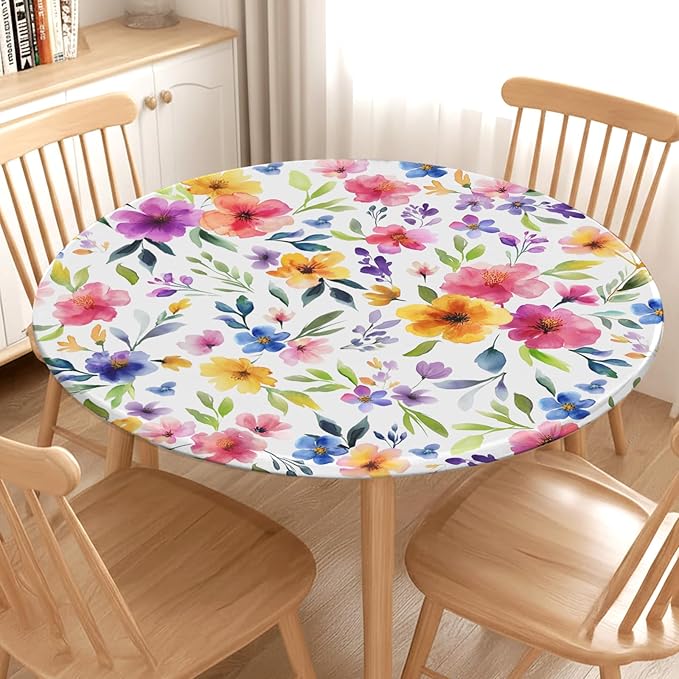 Spring Summer Floral Round Fitted Tablecloth with Elastic Watercolor Flower Outdoor Circle Table Cloth for 36-40" Tables Colorful Stretch Waterproof Washable Table Cover for Picnic Dining Party Decor