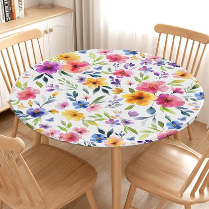 Spring Summer Floral Round Fitted Tablecloth with Elastic Watercolor Flower Outdoor Circle Table Cloth for 36-40" Tables Colorful Stretch Waterproof Washable Table Cover for Picnic Dining Party Decor