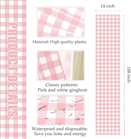 6 Pcs Light Pink and White Checkered Table Runner Plastic 14 x 108 Disposable Baby Pink Gingham Table Runner for Birthday Wedding Baby Shower Party Table Centerpiece Decorations