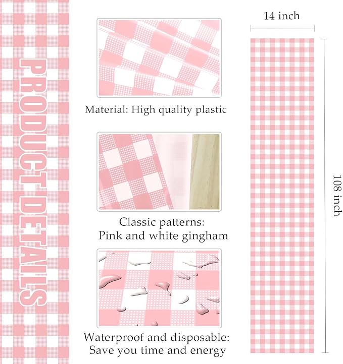 12 Pcs Light Pink and White Checkered Table Runner Plastic 14 x 108 Disposable Baby Pink Gingham Table Runner for Birthday Wedding Baby Shower Party Table Centerpiece Decorations