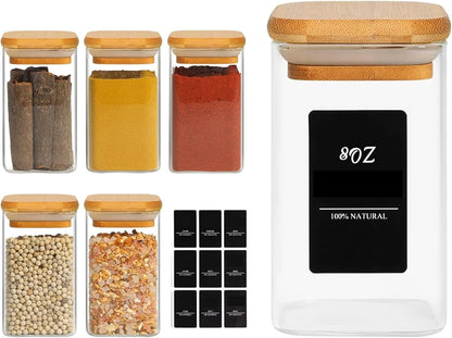 ComSaf 6Pcs 8oz Spice Jars with Label Trial Set, Glass Spice Jars with Bamboo Lids Supplementary Set, Seasoning Container Trial Pack