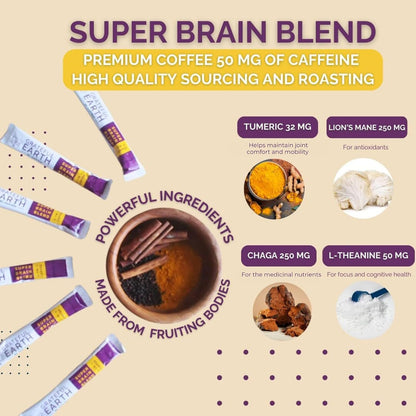 Grateful Earth Instant Espresso Coffee With Lion's Mane, 20 Packets | Turmeric, Chaga, L-Theanine, Dark Roast, Non GMO, Focus, Energy, Immune Support &amp; Gut Health, Dairy &amp; Gluten Free