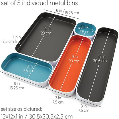 Three by Three Seattle 5 Piece Metal Organizer Tray Set for Storing Makeup, Stationery, Utensils, and More in Office Desk, Kitchen and Bathroom Drawers (1 Inch, Gray, Sky Blue, Orange)