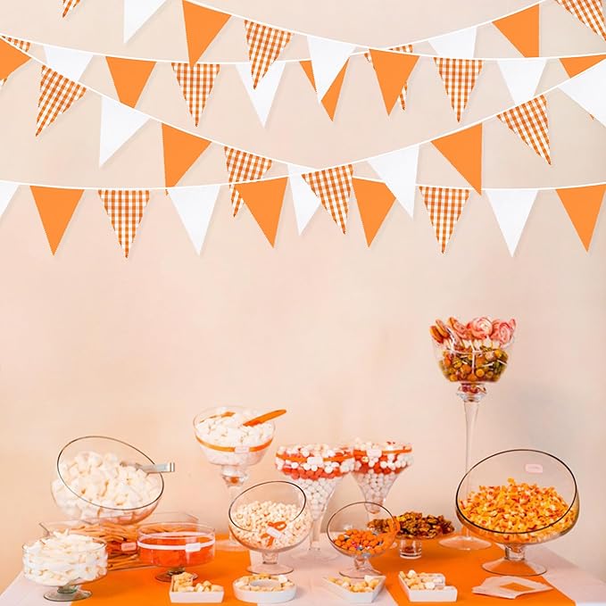 32Ft Orange Party Decorations Orange Buffalo Plaid Checkered White Triangle Flag Gingham Pennant Bunting Fabric Garland Streamers for Fall Autumn Wedding Birthday Thanksgiving Picnic Garden Decor