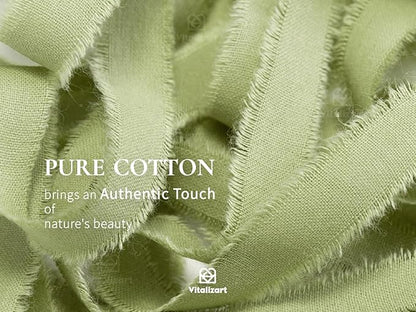 Vitalizart Sage Green Cotton Ribbon Handmade Fringe 5/8" x 21 Yd Pure Natural Cotton Ribbons for Gift Wrapping Wedding Invites Bridal Shower Bouquets Holiday Decor