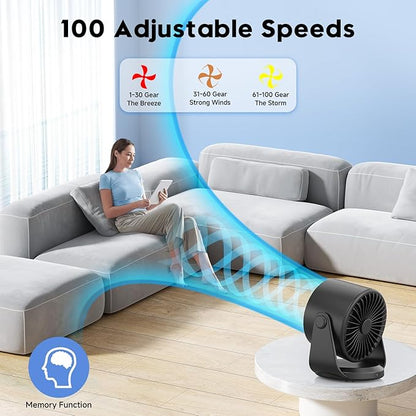 YOSHENMO Desk Fan, Turbo Table Fan for Bedroom, 100-Speed Digital Display, Low Noise, 105° Adjustable Tilt, 7.5-inch, Rechargeable Battery, Wall-Mouted Design for Home, Office, Travel Dark Black