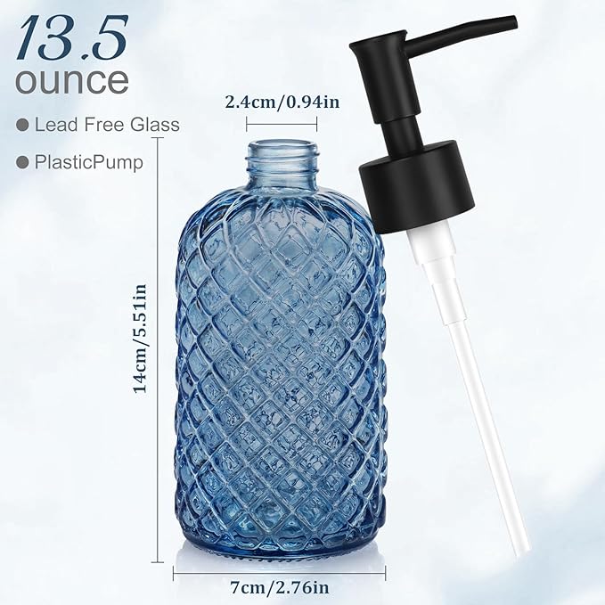 13.5Oz Gem Design Soap Dispenser with Plastic Pump, Refillable Glass Soap Dispenser for Hand Soap, Dish Soap, Lotion (Blue & Plastic Pump)