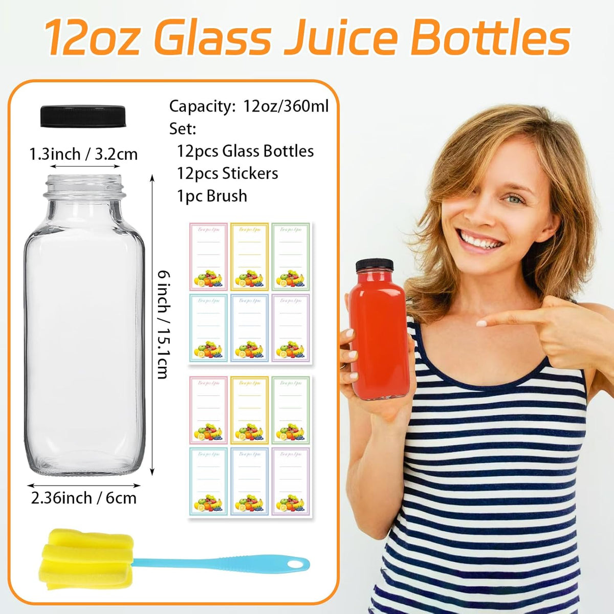 12 Pack 12oz Glass Drink Bottles with Lids, 360ml Vintage Glass Water Bottles with Caps, Reusable Juice Containers Drinking Jars for Juicing, Milk