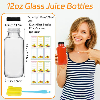 12 Pack 12oz Glass Drink Bottles with Lids, 360ml Vintage Glass Water Bottles with Caps, Reusable Juice Containers Drinking Jars for Juicing, Milk