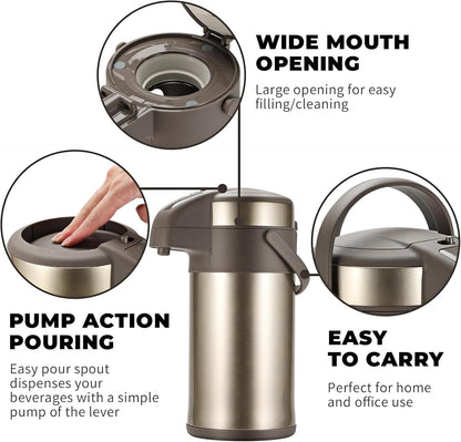 Ojoj 4L/133OZ Thermal Coffee Carafe with Pump, Thermal Beverage Dispenser, Coffee Airpot Stainless Steel Coffee Carafe for Hot Drinks Gold