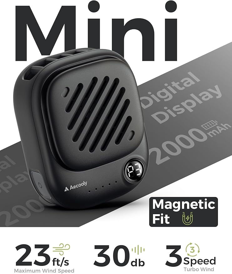 Aecooly Mini Portable Neck Fan, Mighty Hands Free Fan, Magnetic Fit Click 01 USB Rechargeable [10H Max Cooling Time], Personal Battery Powered, Pocket for Travel, Summer, Gifts for Women -Black