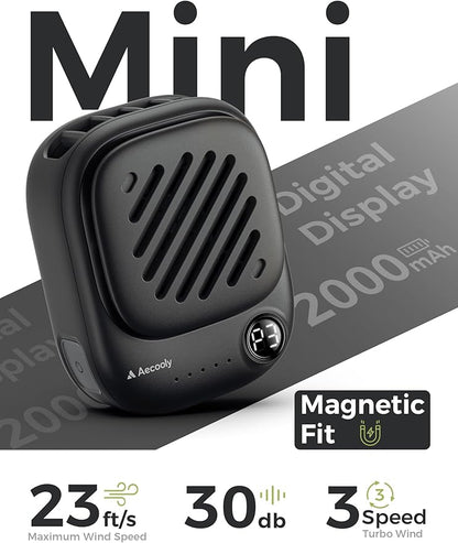 Aecooly Mini Portable Neck Fan, Mighty Hands Free Fan, Magnetic Fit Click 01 USB Rechargeable [10H Max Cooling Time], Personal Battery Powered, Pocket for Travel, Summer, Gifts for Women -Black