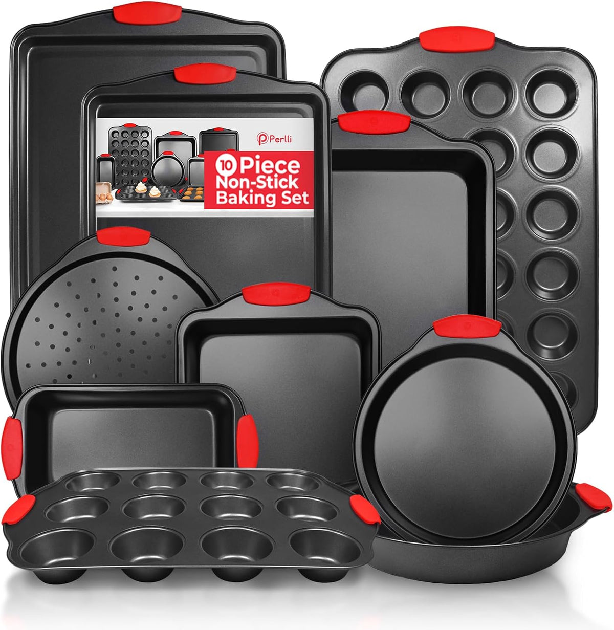 Perlli Non-Stick 10-Piece Baking Pan Set, BPA-Free Carbon Steel Bakeware Set with Silicone Handles, Stackable Kitchen Oven Set, Cookie Sheet