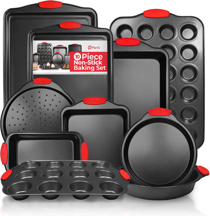 Perlli Non-Stick 10-Piece Baking Pan Set, BPA-Free Carbon Steel Bakeware Set with Silicone Handles, Stackable Kitchen Oven Set, Cookie Sheet