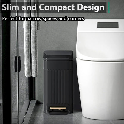 CEROELDA Small Bathroom Trash Can with Lid Soft Close-5L/1.3 Gal Slim Garbage Can-Metal Step Wastebasket-Rectangle Narrow Waste Bin for Office, Bedroom, Toilet, Live Room (Embossed-Black)