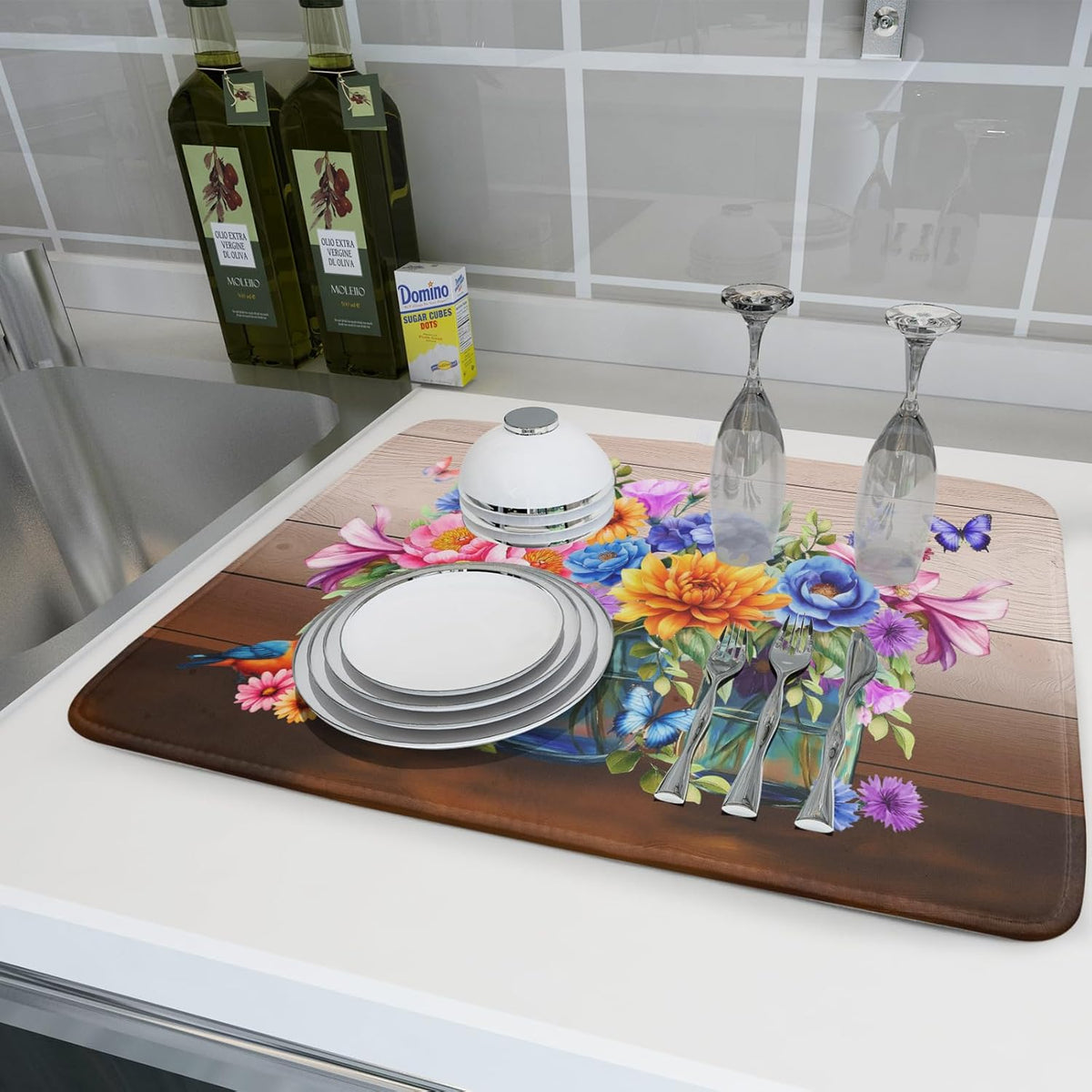 Spring Flowers Dish Drying Mat for Kitchen Counter 18x24in Vintage Plants Colorful Floral Kitchen Drying Mat Soft Absorbent Microfiber Farmhouse