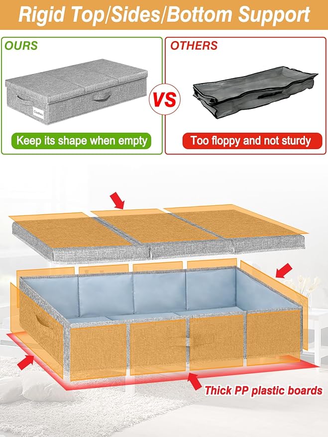 punemi Under Bed Storage With Lids, 2 Pack Large Underbed Storage Containers Clothes W/ 3 Handles, Foldable Low Profile Stackable Drawer Organizer Bins Box for Blanket Shoe Bedroom, 31.1*15.7*6inch