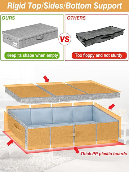 punemi Under Bed Storage With Lids, 2 Pack Large Underbed Storage Containers Clothes W/ 3 Handles, Foldable Low Profile Stackable Drawer Organizer Bins Box for Blanket Shoe Bedroom, 31.1*15.7*6inch