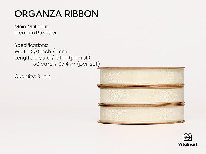 Vitalizart 3/8" x 30Yd Organza Ribbon Cream White Sheer Ribbons Set 10 Yd x 3 Rolls Ivory Handmade Eco-Friendly for Gift Wrapping Christmas Tree Crafts Bows Wedding Invitations Wreaths