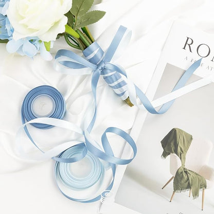 Blue Satin Ribbon 3/8 Inch x 60Yds Assorted Royal, Navy, Light, Dusty Blue Double Faced Satin Ribbon Set for Gift Wrapping, Flower Bouquet, Wedding Invitation, Baby Shower Decor, Hair Bows & Crafts