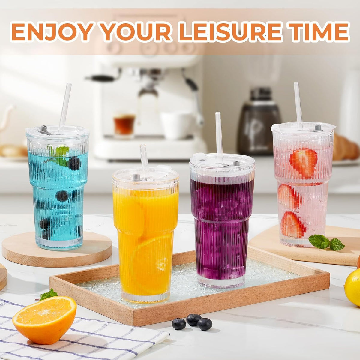 2 Pack 20 Oz Glass Cups with Lids and Straws Iced Coffee Cups Vintage Ribbed Glassware for Beer Ice Coffee Fruit Juice Elegant Aesthetic Cup Glass