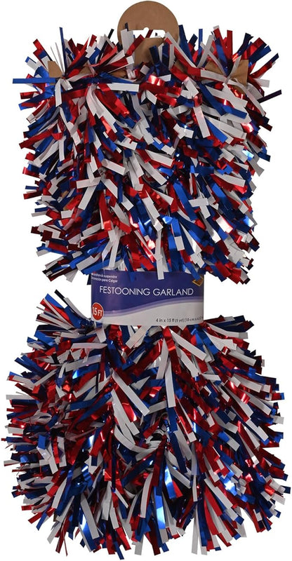 Beistle 50281-RWB 6-Ply Red, White and Blue Metallic Festooning Garland, 4" x 15'