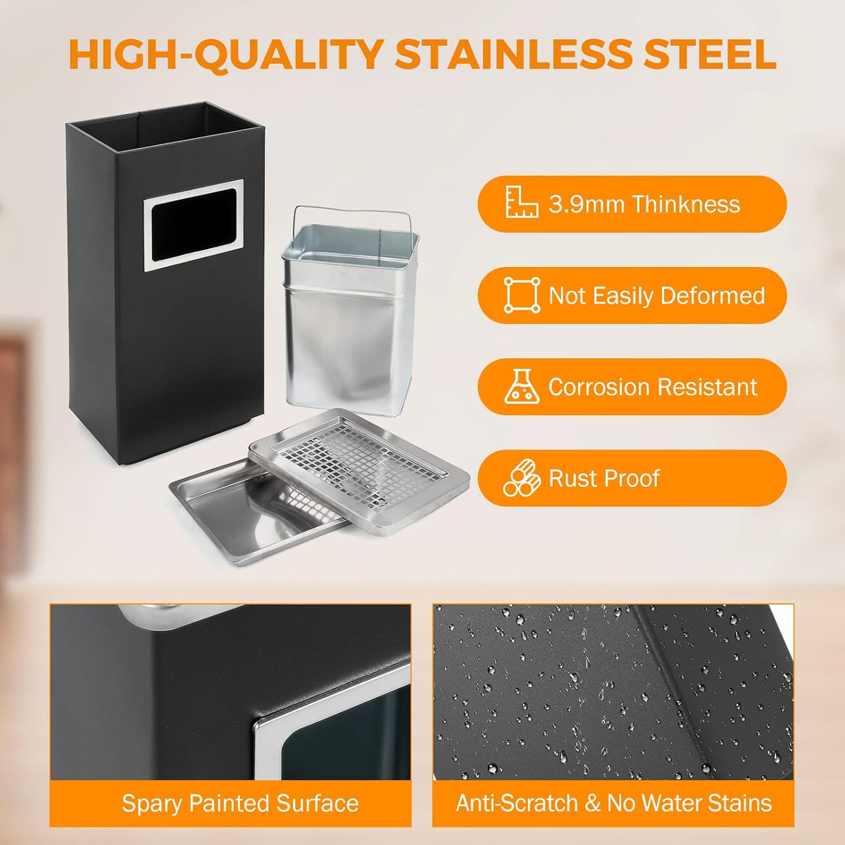 BEAMNOVA Trash Can Indoor Outdoor Black Stainless Steel Commercial Garbage Can Industrial Garbage Enclosure Inside Cabinet with Lid Waste Container, Black, 31 * 25 * 61 cm / 12.2 * 9.8 * 24 in