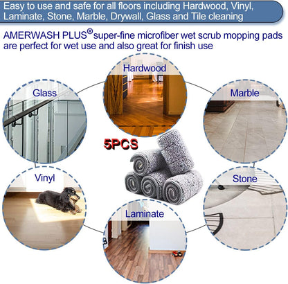 Microfiber Replacement Mop Pads 16.5''x5.5'' Compatible with Most Reveal Mop, 5 Packs Reusable Wet/Dry Floor Cleaning and Scrubbing Mops Refill Fit 14” to 16” Spray Mop Heads