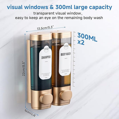 Shampoo and Conditioner Dispenser, Refillabe Shower Soap Dispensers 2 Chamber No Drill Shampoo Dispenser for Shower Wall Mounted 2 * 300ml Container for Bathroom Hotel (Gold 2 Chamber)
