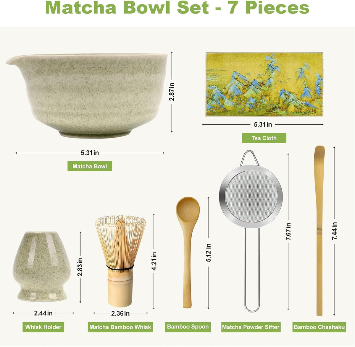 Green Matcha Whisk Making Set - Japanese Tea Kit with Whisk Bowl and Bamboo Scoop Ceramic Chawan with Spout for Traditional Tea Ceremony Complete Matcha Making Tools Gift for Tea Lovers (Green, 7 PCS)