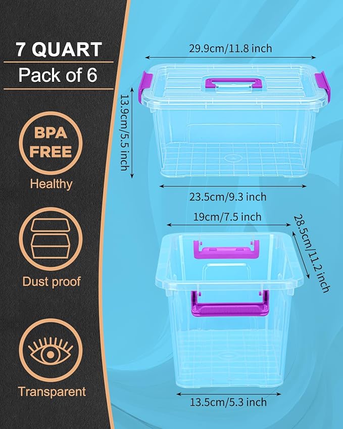 AREYZIN Plastic Storage Bins with Lids 6 Pack,7 Quart Stackable Storage Containers with Buckle Latches, Heavy Duty Clear Organizer Bins for Home Office Supplies, Craft & Toy Storage, BPA-Free,Purple