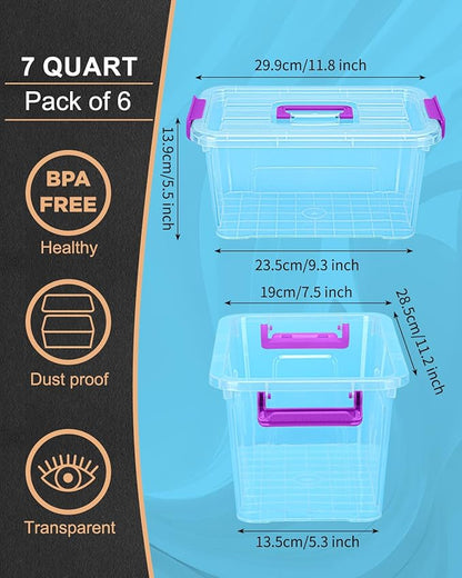 AREYZIN Plastic Storage Bins with Lids 6 Pack,7 Quart Stackable Storage Containers with Buckle Latches, Heavy Duty Clear Organizer Bins for Home Office Supplies, Craft & Toy Storage, BPA-Free,Purple
