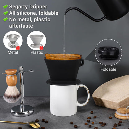 Segarty Pour Over Coffee Maker Set, Black Silicone Dripper Single Cup With 200 Count Cone Filters Paper Size 2