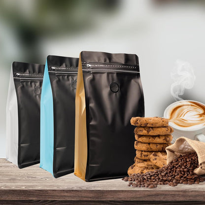 Coffee Bags with Valve (60 PCS,16oz/1lb) Black Side Color High Barrier Aluminum Foil Flat Bottom Standing Coffee Beans Storage Packaging Bags