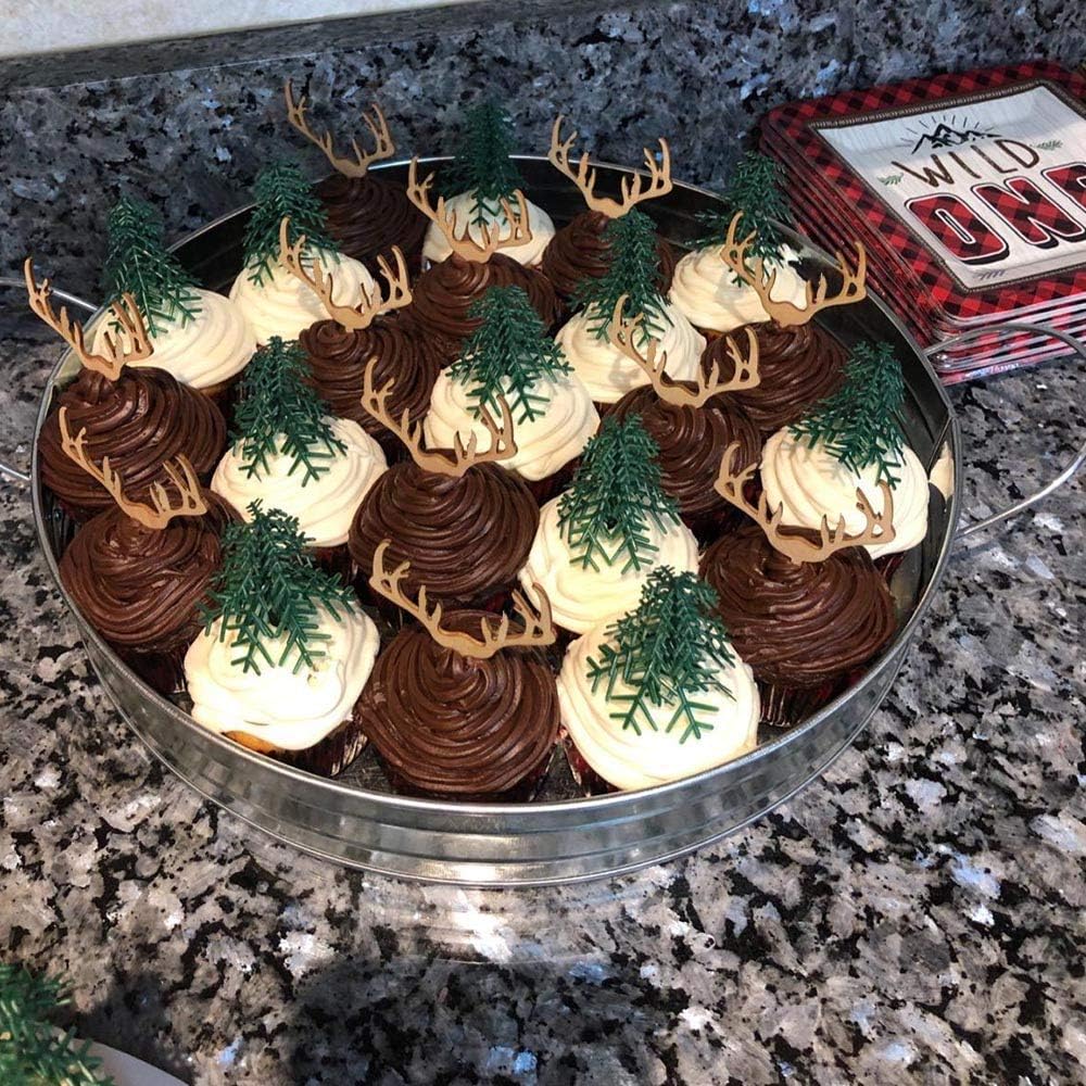 Deer Cupcake Toppers Wooden Baby Shower Woodland Antler Cake Picks Party Decorations Wedding Hunting Boho Rustic Country Birthday Party Supplies Set