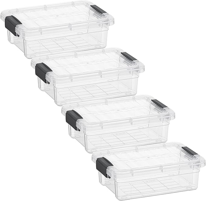Superio Clear Storage Boxes with Lids, 1.27 Quart Plastic Container Bins for Organizing, Stackable Crates, BPA Free, Non Toxic, Odor Free, Organizers for Home, Office and Dorm, 4 Pack