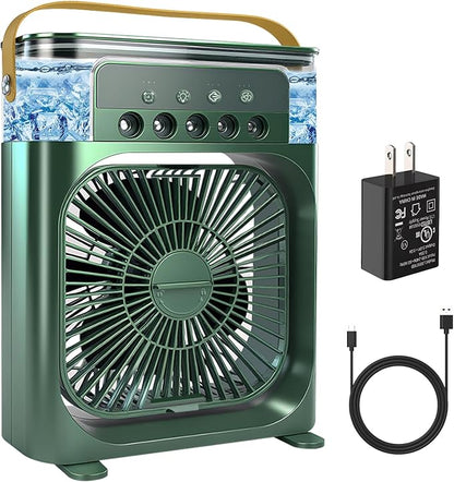 Portable Air Conditioner Fan, Mini Evaporative Air Cooler with 5 Spray Nozzles,3 Wind Speeds,3 Timers, 7 Colors LED Light,600ML Personal AC Unit Fan for Bedroom Office Camping（Green)