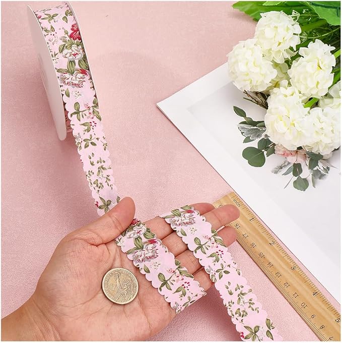 20 Yards Pink Floral Print Ribbon Vintage Flower Pattern Ribbon Spring Polyester Wavy Edge Fabric Ribbons with Spool for Sewing Making Craft Wedding Party Birthday Gift Wrapping Christmas