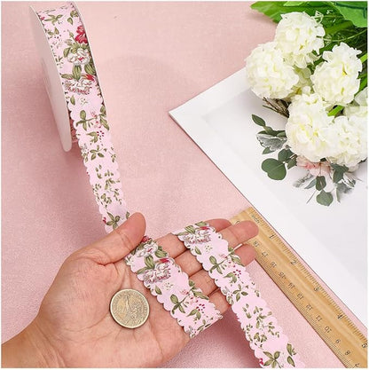 20 Yards Pink Floral Print Ribbon Vintage Flower Pattern Ribbon Spring Polyester Wavy Edge Fabric Ribbons with Spool for Sewing Making Craft Wedding Party Birthday Gift Wrapping Christmas