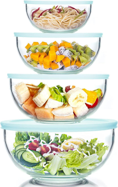 WhiteRhino 8 Piece Glass Bowls with Lids, Heat Resistant Glass Mixing Bowls Set (3.7QT, 2.1QT, 1.1QT, 0.53QT)
