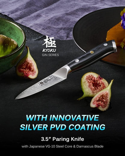 Kyoku Gin Series 3.5" Paring Knife - Japanese VG10 Damascus Stainless Steel Kitchen Knife With Silver Ion Blade, G10 Handle, Mosaic Pin - for Fruit