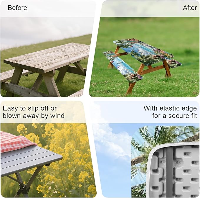 ANNA QUEEN Hot Air Balloon Summer Flower Picnic Table Cover 6FT with Bench Covers Picnic Table Cover Set 3PCS 72"x30", Outdoor Bench and Tablecloth Furniture Protection