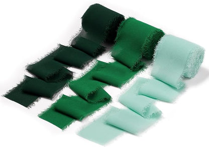DORIS HOME 2" x21Yd Chiffon Ribbon for Flower Bouquet, Green Series Fabric Ribbon for Gift Wrapping, Handmade Frayed Ribbon for Wedding/Christmas Decorations