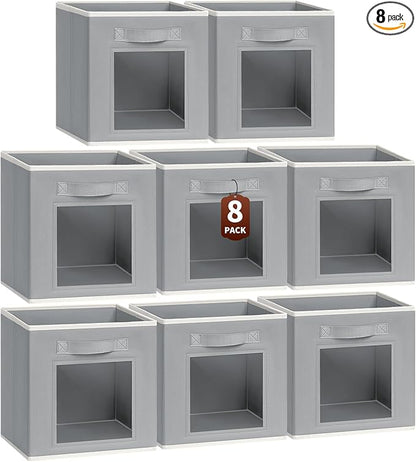 Homsorout Bins for Closet Organization - Cubby Storage Organizer with Window, Closet Baskets for Shelves, Folding Cubes for Storage, Storage Bins for Home, 11inch, Set of 8, Grey