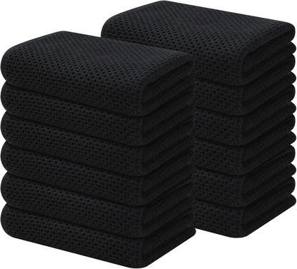 Kitinjoy 100% Cotton Waffle Weave Kitchen Towels, 12-Pack Super Soft and Absorbent Kitchen Dish Towels for Drying Dishes, Kitchen Hand Towels, 13 in x 28 in, Black