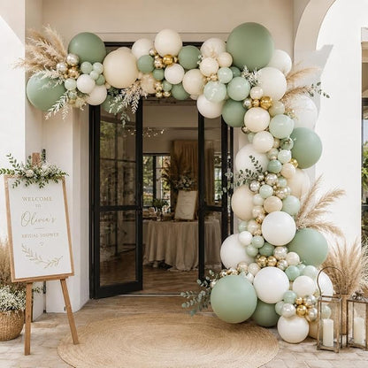 Sage Green Balloon Garland Kit, Green and White Balloon Arch Kit Olive Green White Gold Champagne Party Balloons Lime Green Beige Latex Balloons for Baby Shower Birthday Jungle Safari Party Decoration